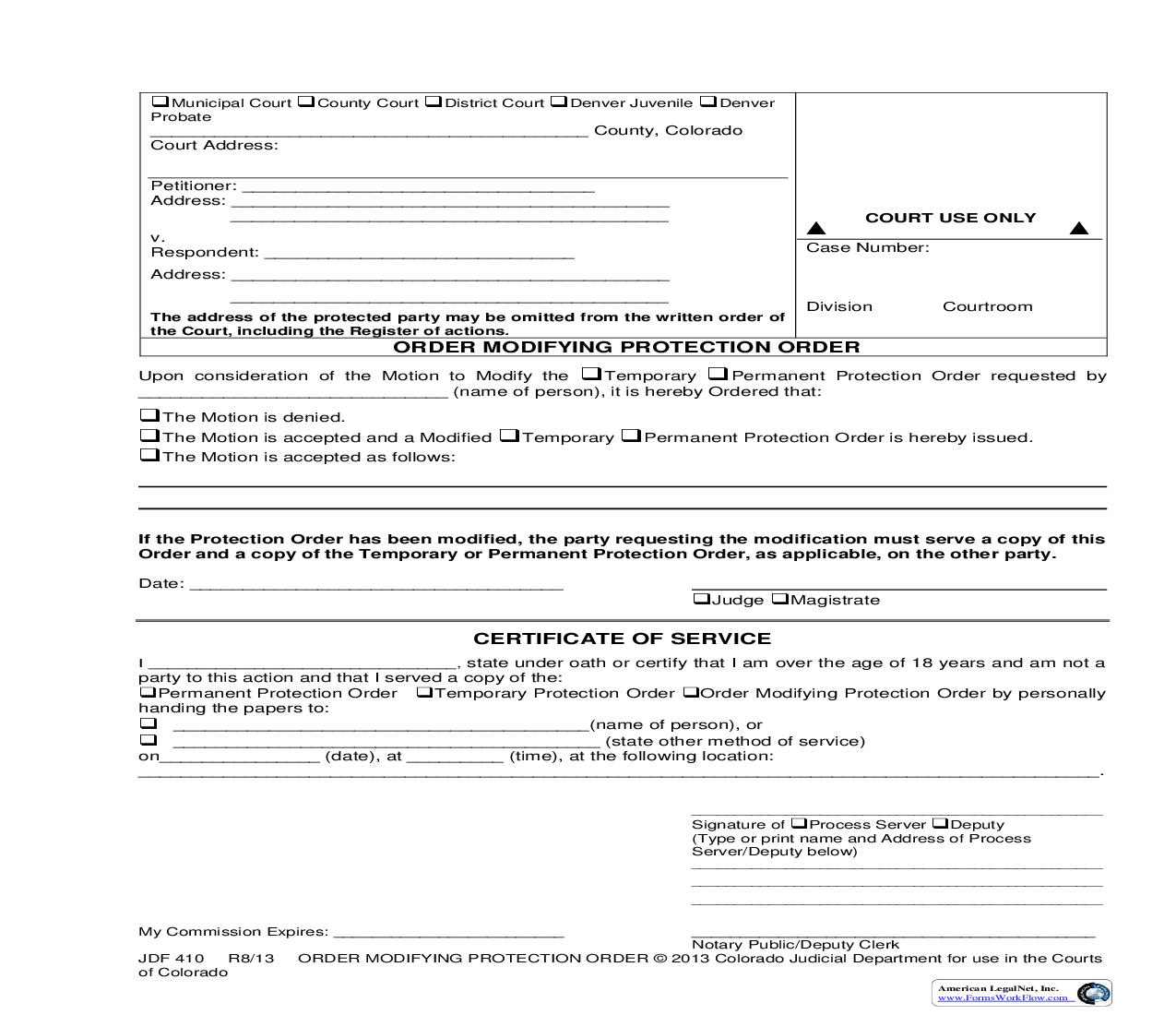 Order Modifying Protection Order {JDF 410} | Pdf Fpdf Doc Docx | Colorado