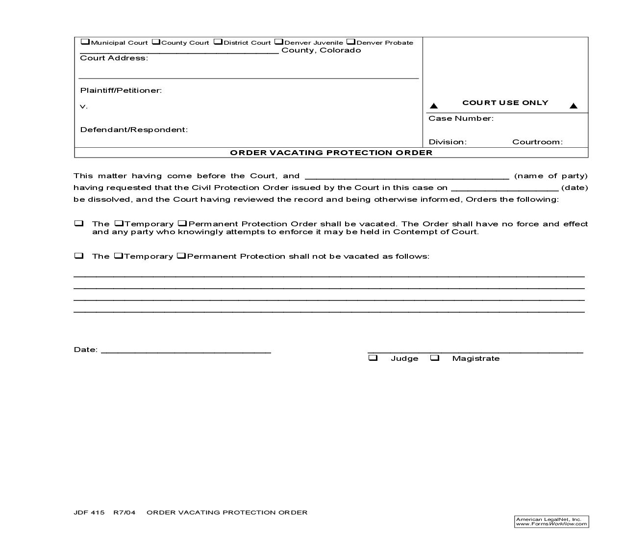 Order Vacating Protection Order {JDF 415} | Pdf Fpdf Doc Docx | Colorado