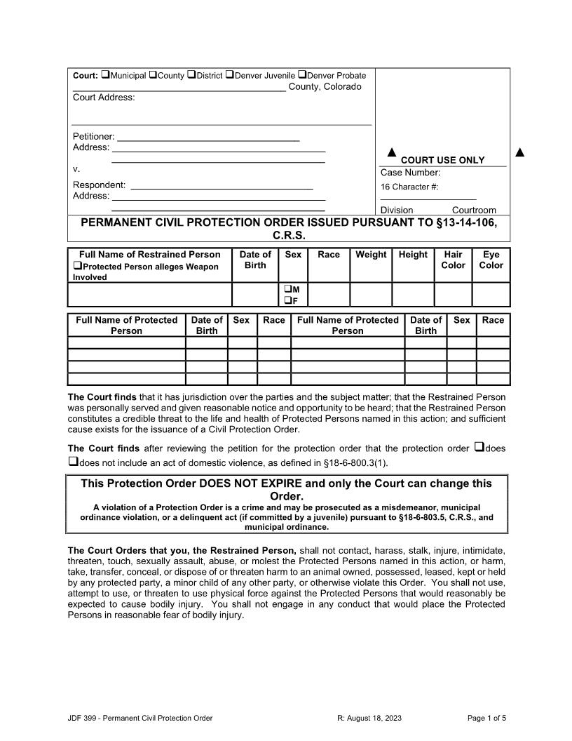 Permanent Civil Protection Order Issued Pursuant To Section 13-14-106 C.R.S. {JDF 399} | Pdf Fpdf Docx | Colorado
