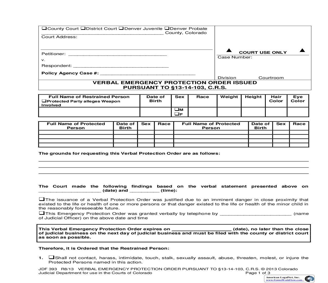 Verbal Emergency Protection Order Issued Pursuant To Section 13-14-103 C.R.S. {JDF 393} | Pdf Fpdf Doc Docx | Colorado
