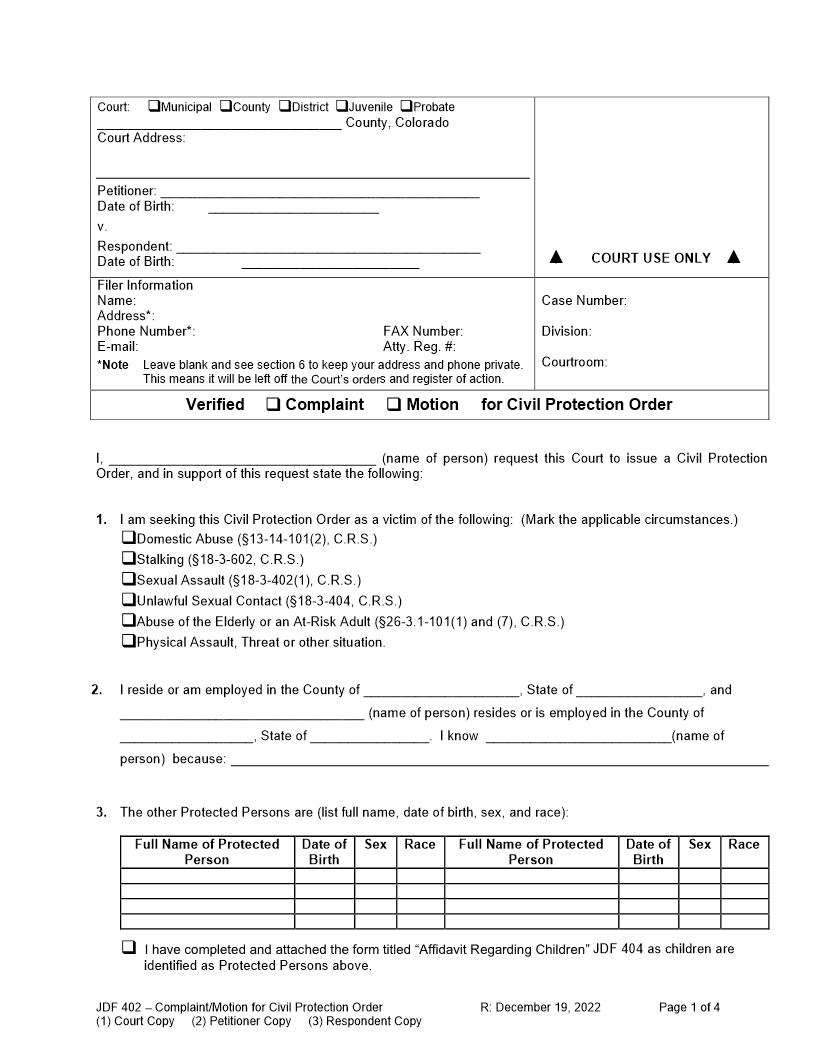 Verified Complaint Or Motion For Civil Protection Order {JDF 402} | Pdf Fpdf Docx | Colorado