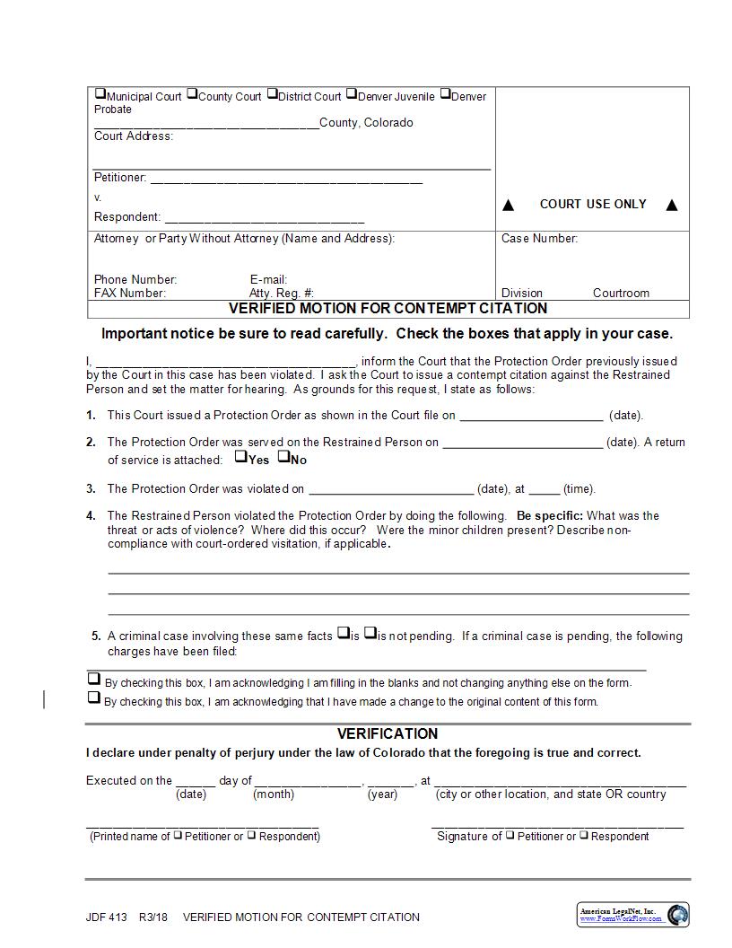 Verified Motion For Contempt Citation {JDF 413} | Pdf Fpdf Docx | Colorado