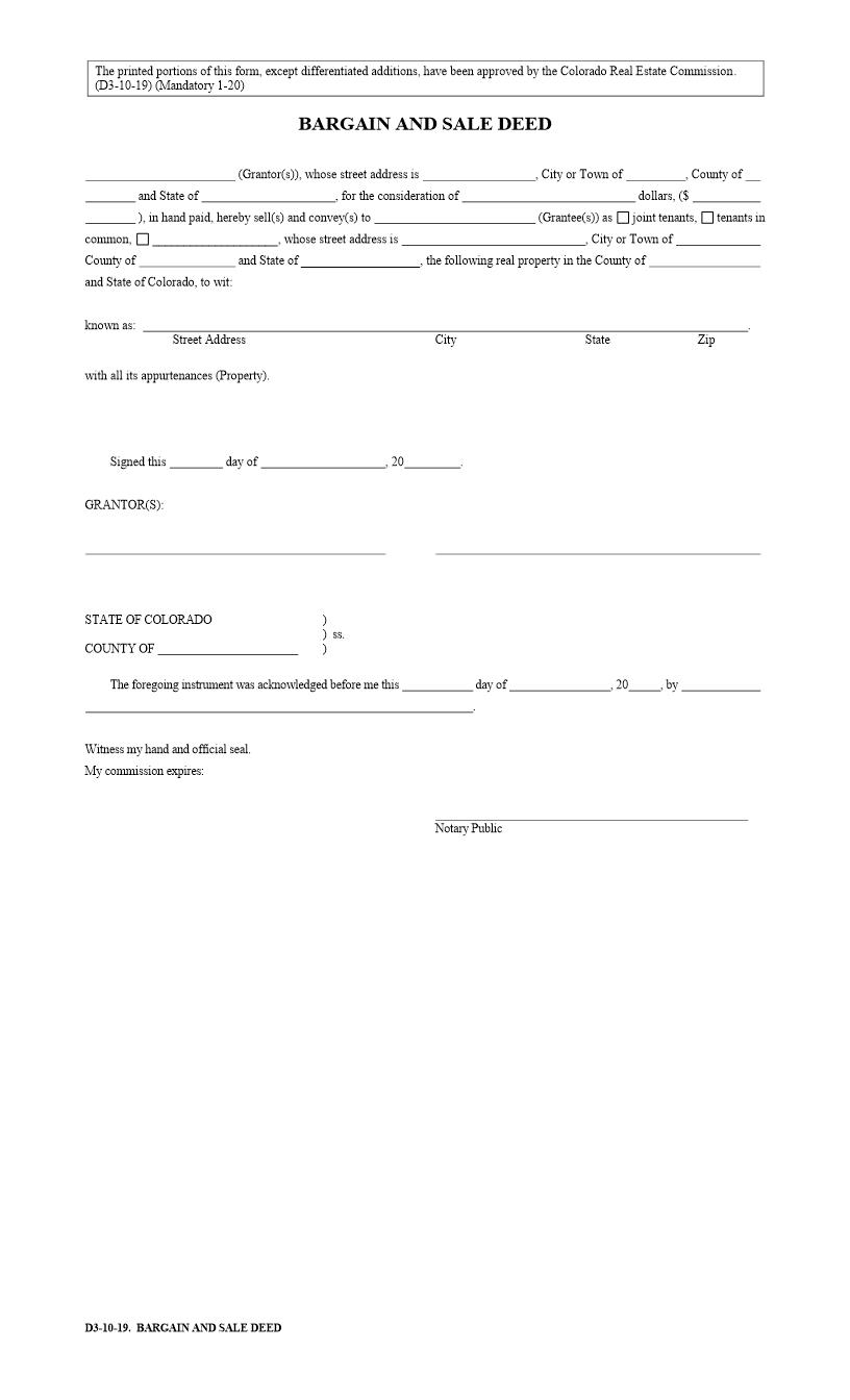 Bargain And Sale Deed | Pdf Fpdf Docx | Colorado