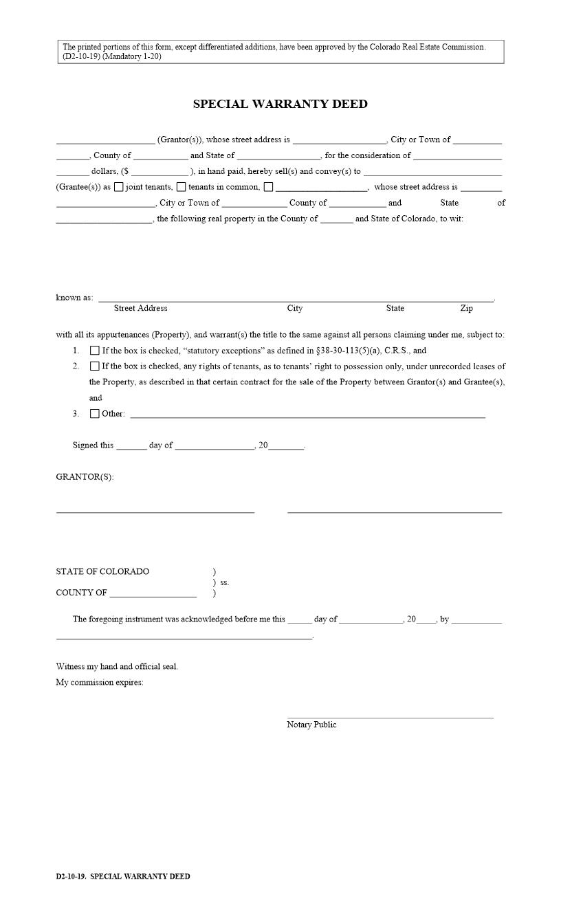 Special Warranty Deed | Pdf Fpdf Docx | Colorado