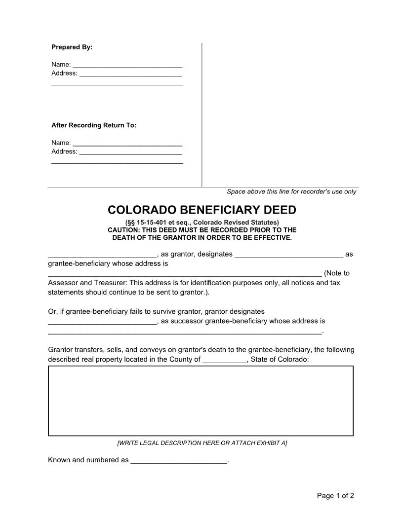 Transfer on Death (Beneficiary) Deed | Pdf Fpdf Docx | Colorado