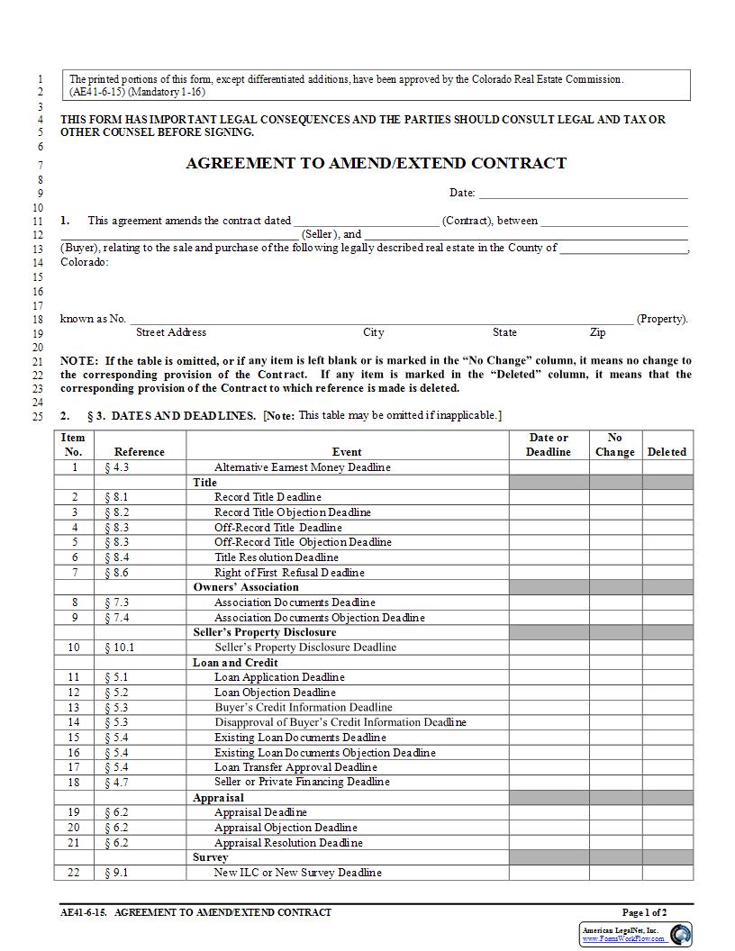 Agreement To Amend Or Extend Contract {AE41} | Pdf Fpdf Docx | Colorado