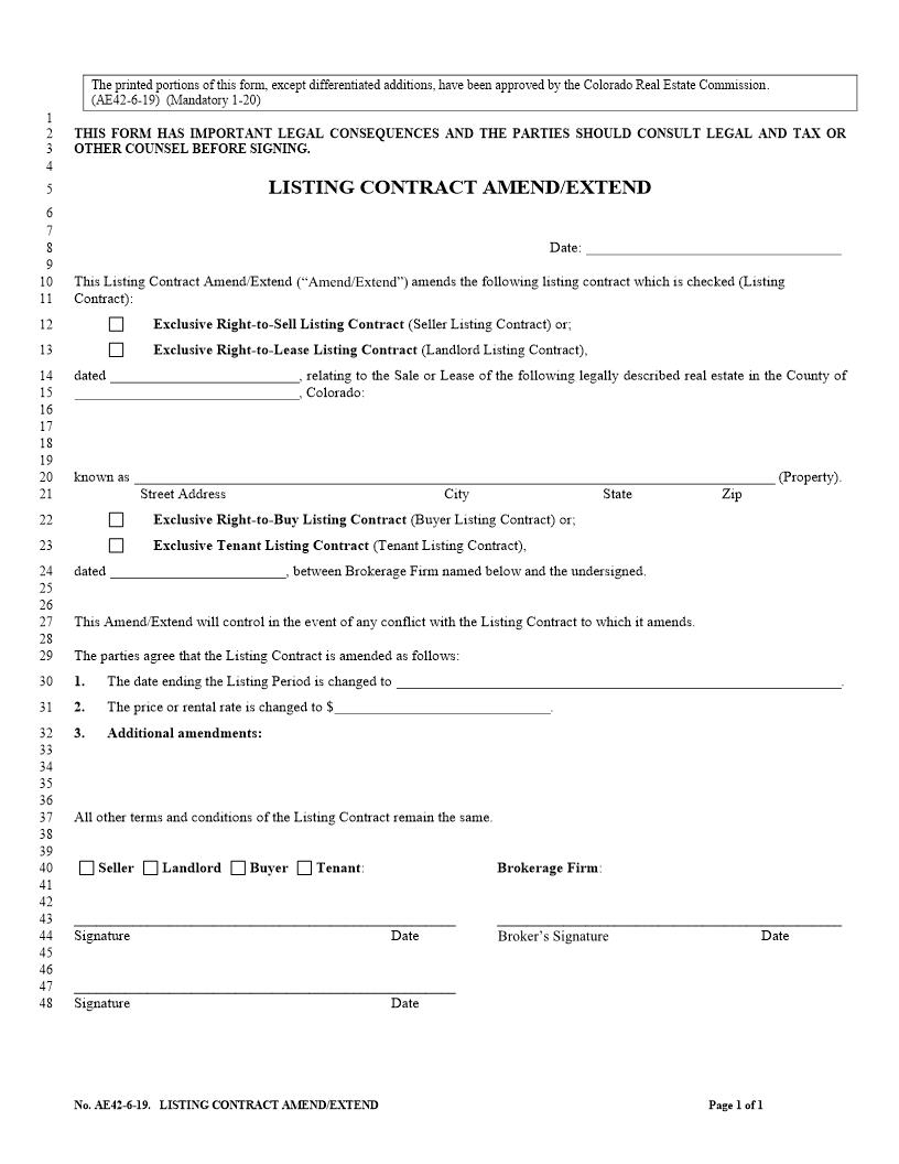 Agreement To Amend Or Extend Contract With Broker {AE42} | Pdf Fpdf Docx | Colorado