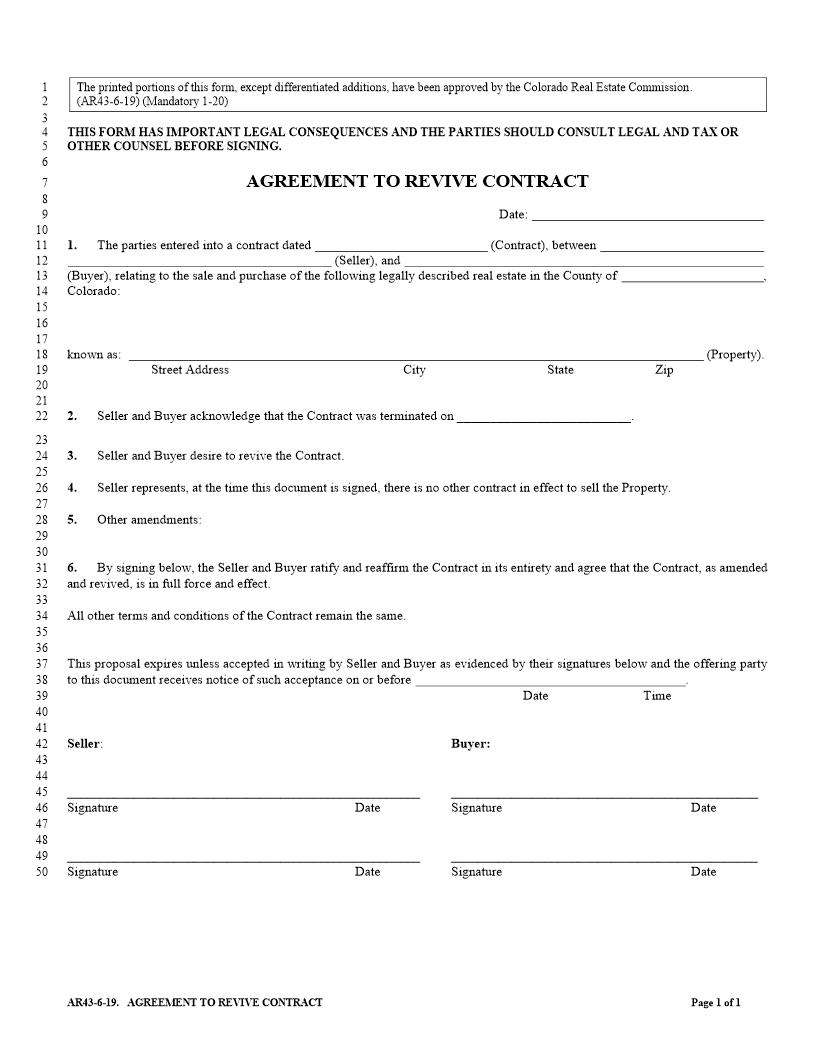 Agreement To Revive Contract {AR43} | Pdf Fpdf Docx | Colorado