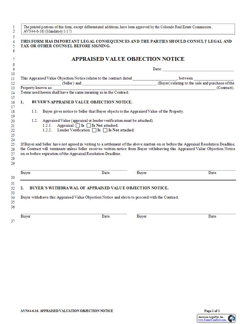 Appraisal Value Objection Notice {AVN44} | Pdf Fpdf Docx | Colorado