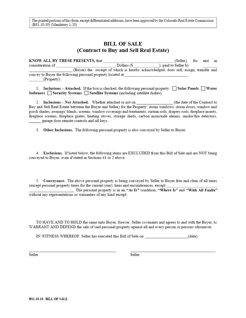 Bill of Sale {BS1} | Pdf Fpdf Docx | Colorado