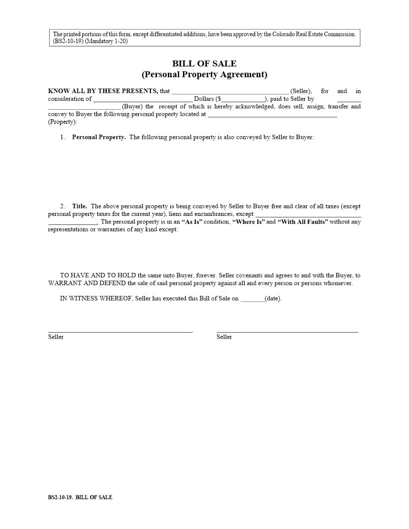 Bill of Sale Personal Property{BS2} 2020 | Pdf Fpdf Docx | Colorado