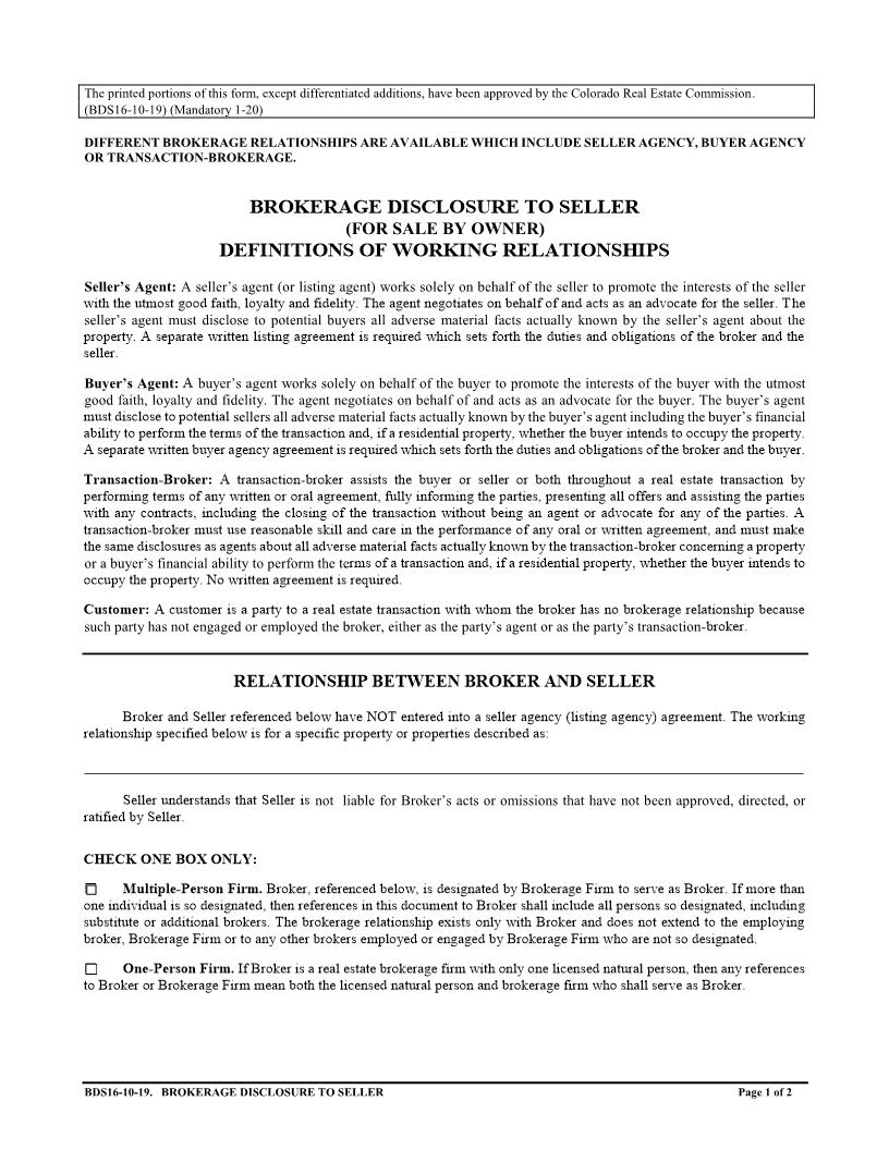 Brokerage Disclosure To Seller {SD16} | Pdf Fpdf Docx | Colorado