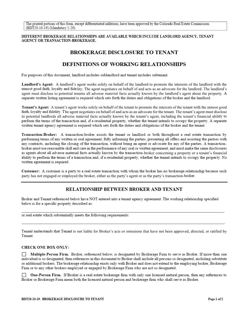 Brokerage Disclosure To Tenant {BDT20} | Pdf Fpdf Doc Docx | Colorado