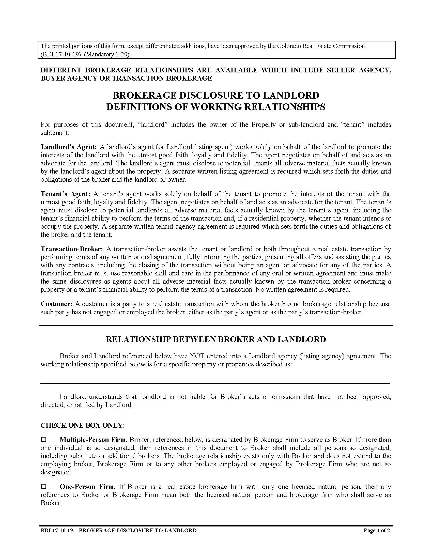 Brokerage Disclosure to Landlord {BDL17} | Pdf Fpdf Docx | Colorado