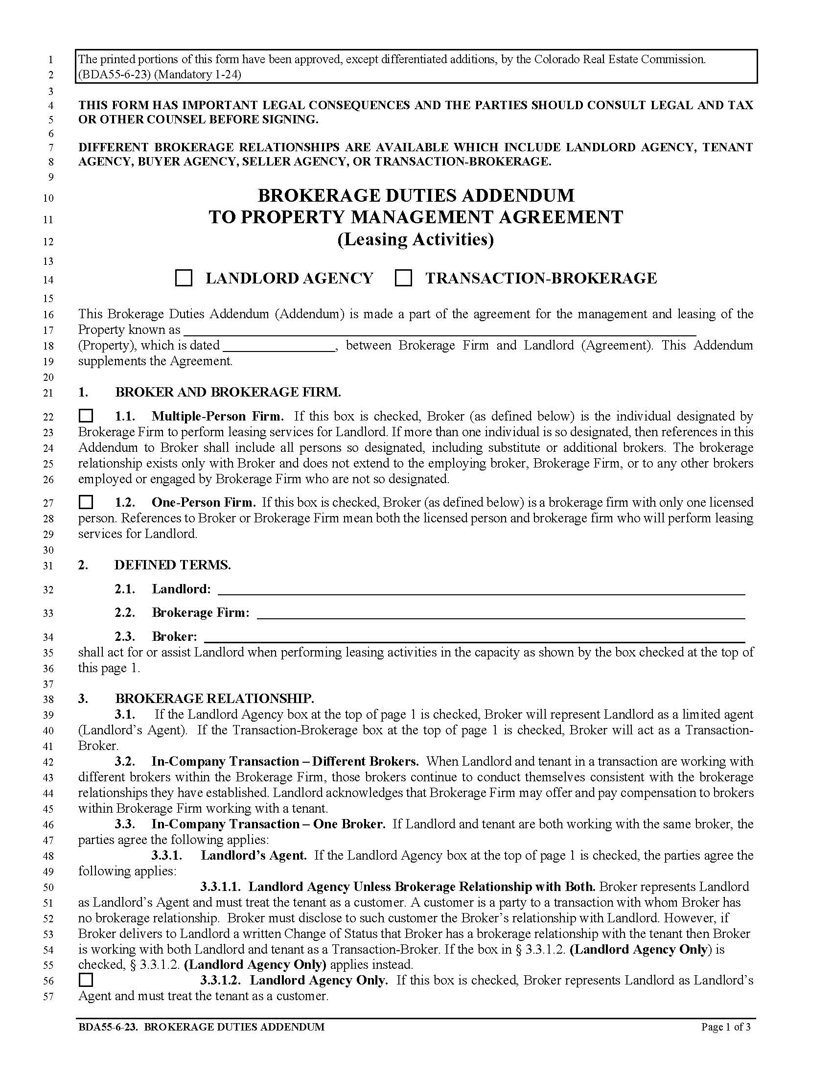 Brokerage Duties Addendum To Property Management Agreement {BDA55} | Pdf Fpdf Doc Docx | Colorado