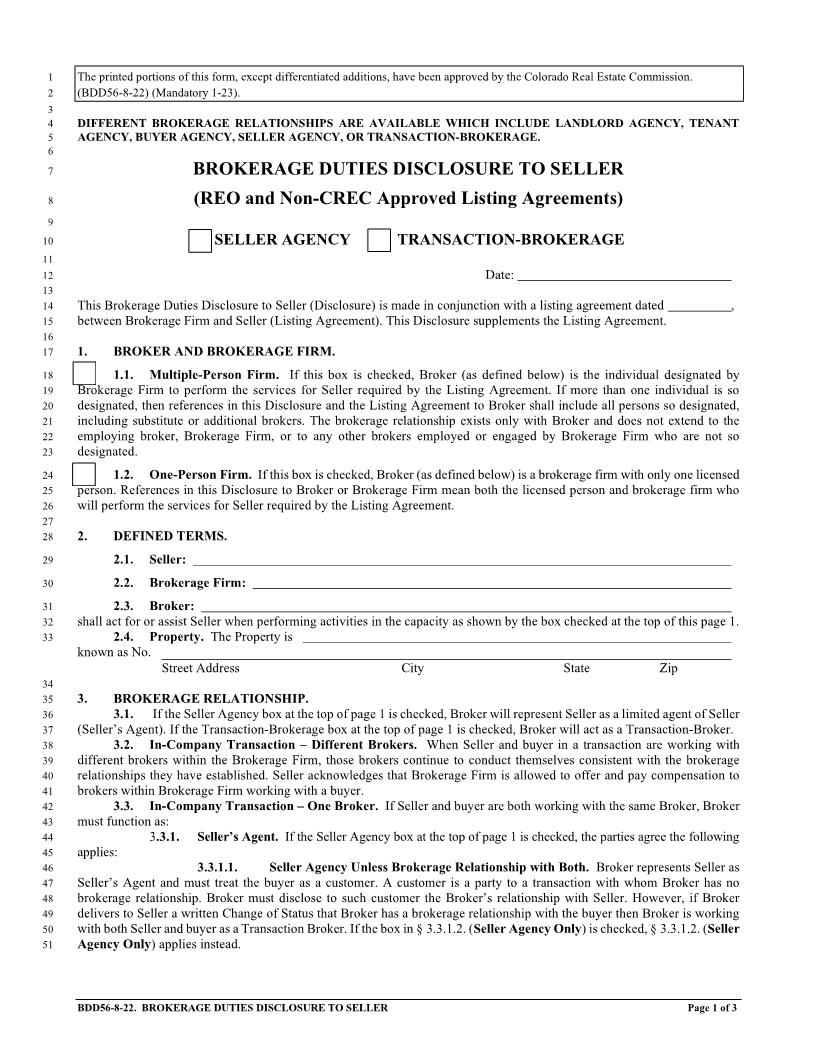 Brokerage Duties Disclosure to Seller - REO And Non-CREC Listing {BDD56} | Pdf Fpdf Docx | Colorado