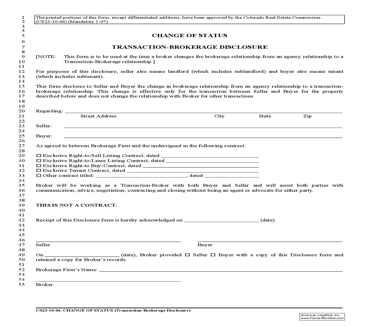 Change Of Status (Transaction-Brokerage Disclosure) {CS23} | Pdf Fpdf Doc Docx | Colorado