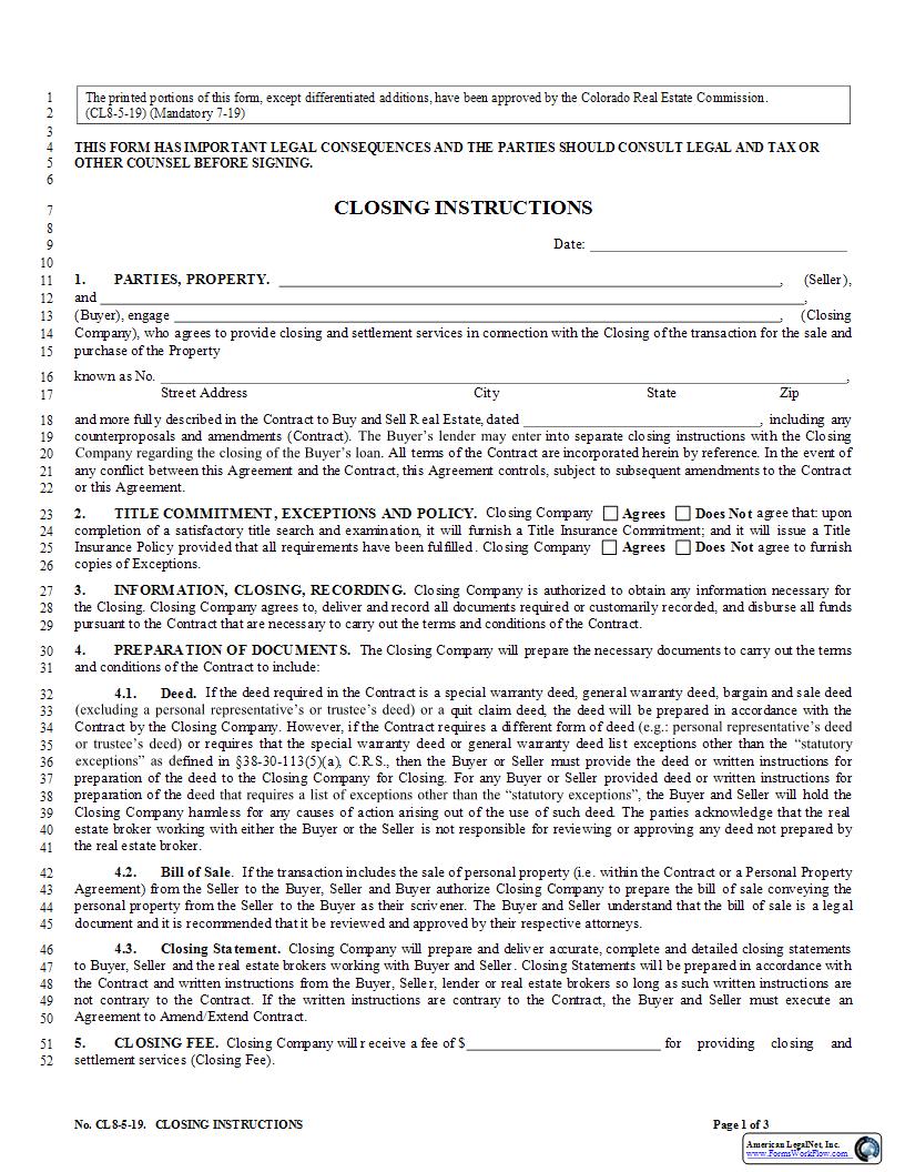 Closing Instructions {CL8} | Pdf Fpdf Docx | Colorado