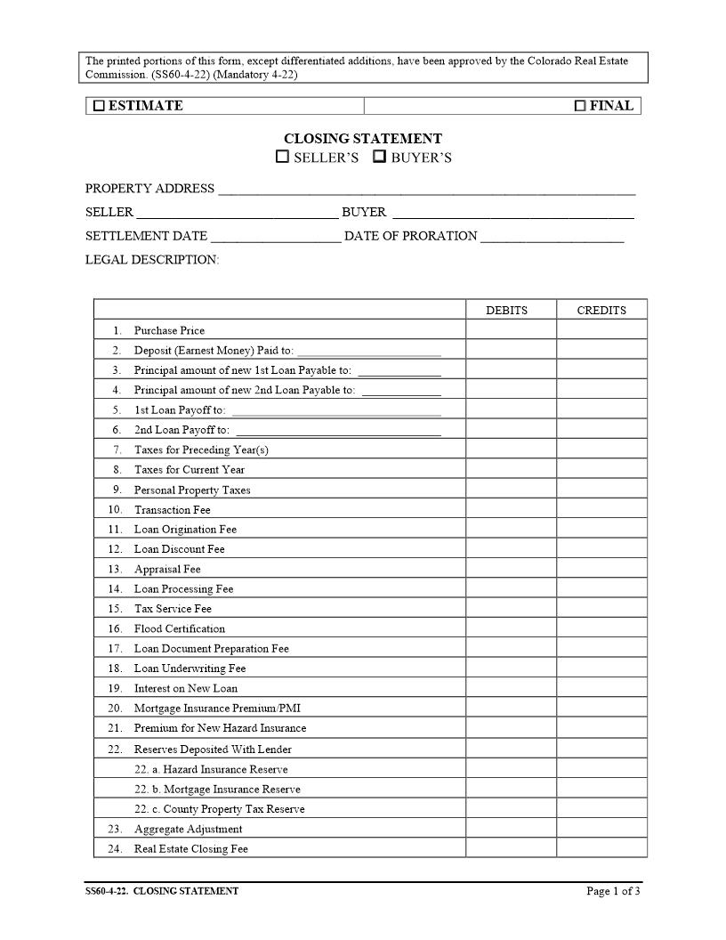 Closing Statement Sellers Or Buyers {SS60} | Pdf Fpdf Docx | Colorado
