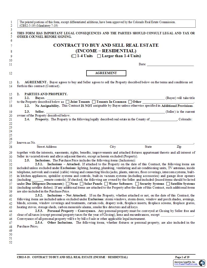 Contract To Buy And Sell Real Estate (Income-Residential) {CBS2} | Pdf Fpdf Docx | Colorado
