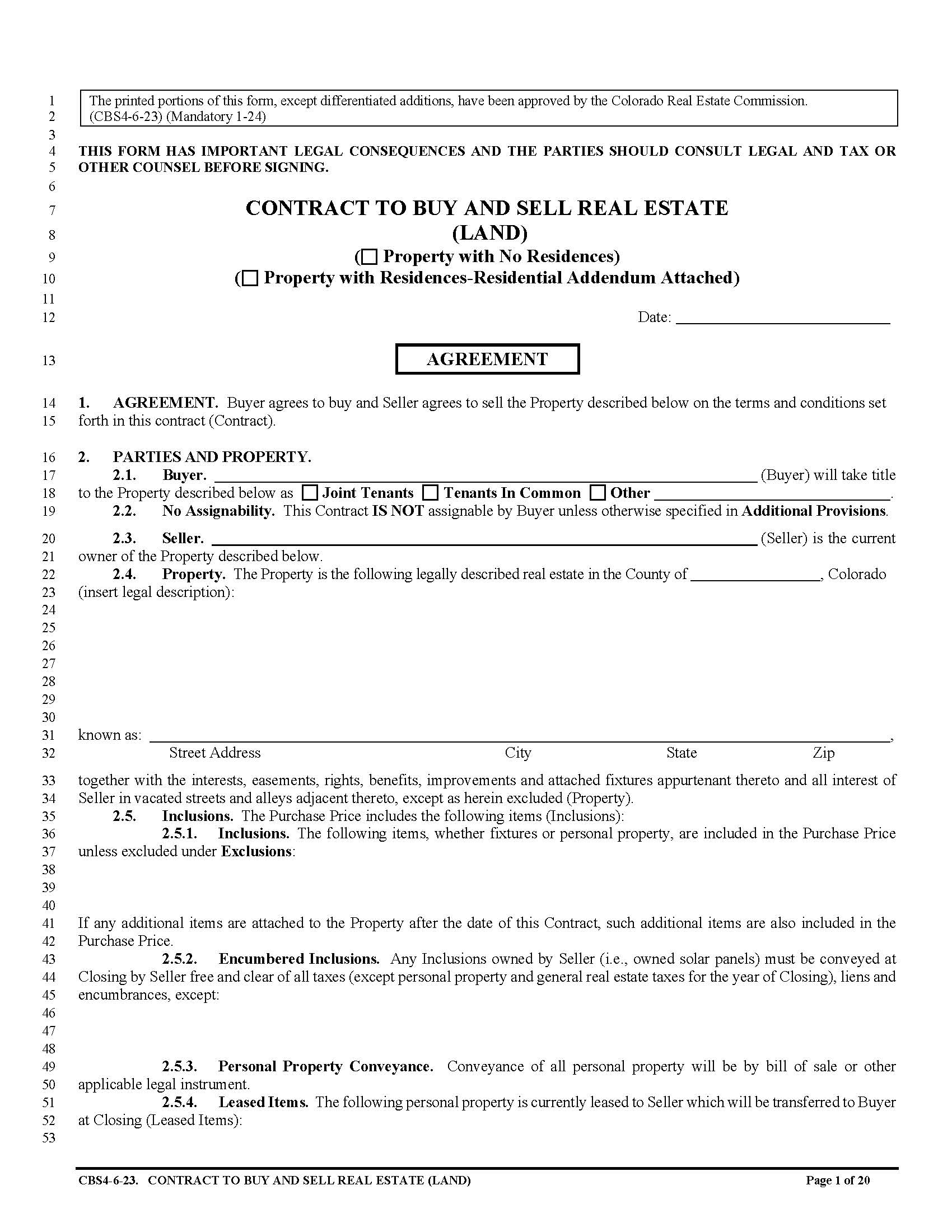 Contract To Buy And Sell Real Estate (Land - With Or Without Residences) {CBS4} | Pdf Fpdf Docx | Colorado