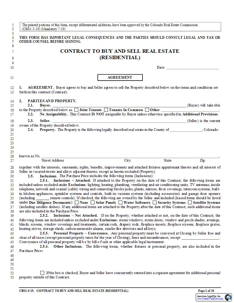 Contract To Buy And Sell Real Estate (Residential) {CBS1} | Pdf Fpdf Docx | Colorado