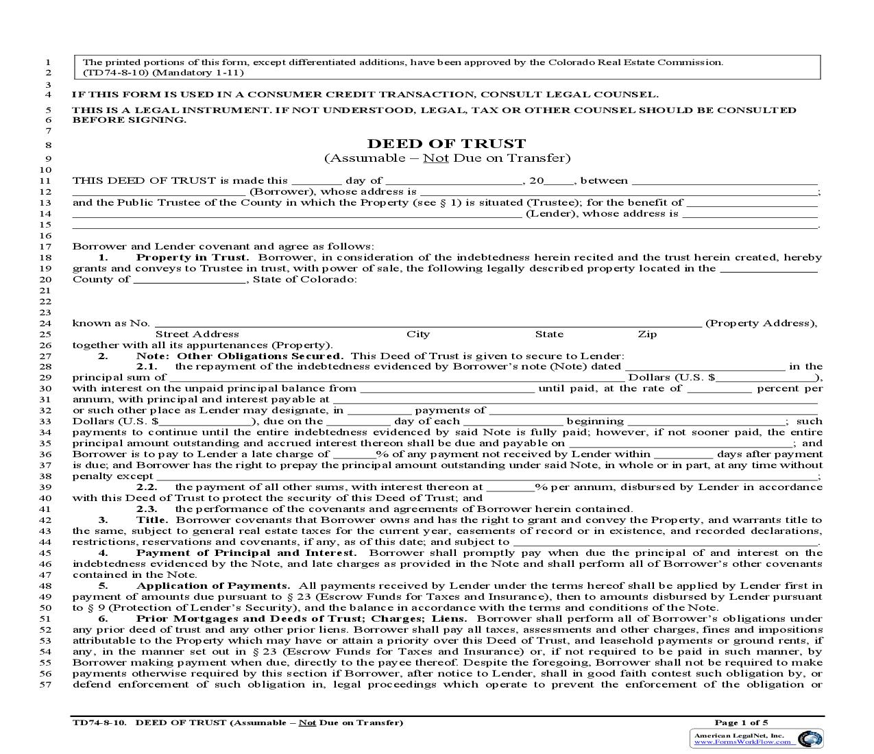 Deed Of Trust (Assumable - Not Due On Transfer) {TD74} | Pdf Fpdf Doc Docx | Colorado
