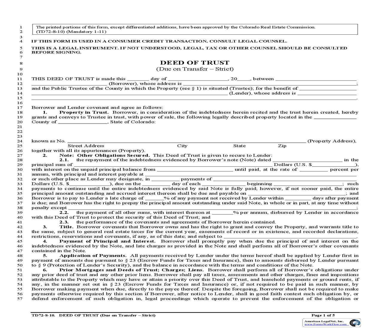 Deed Of Trust (Due On Transfer - Strict) {TD72} | Pdf Fpdf Doc Docx | Colorado