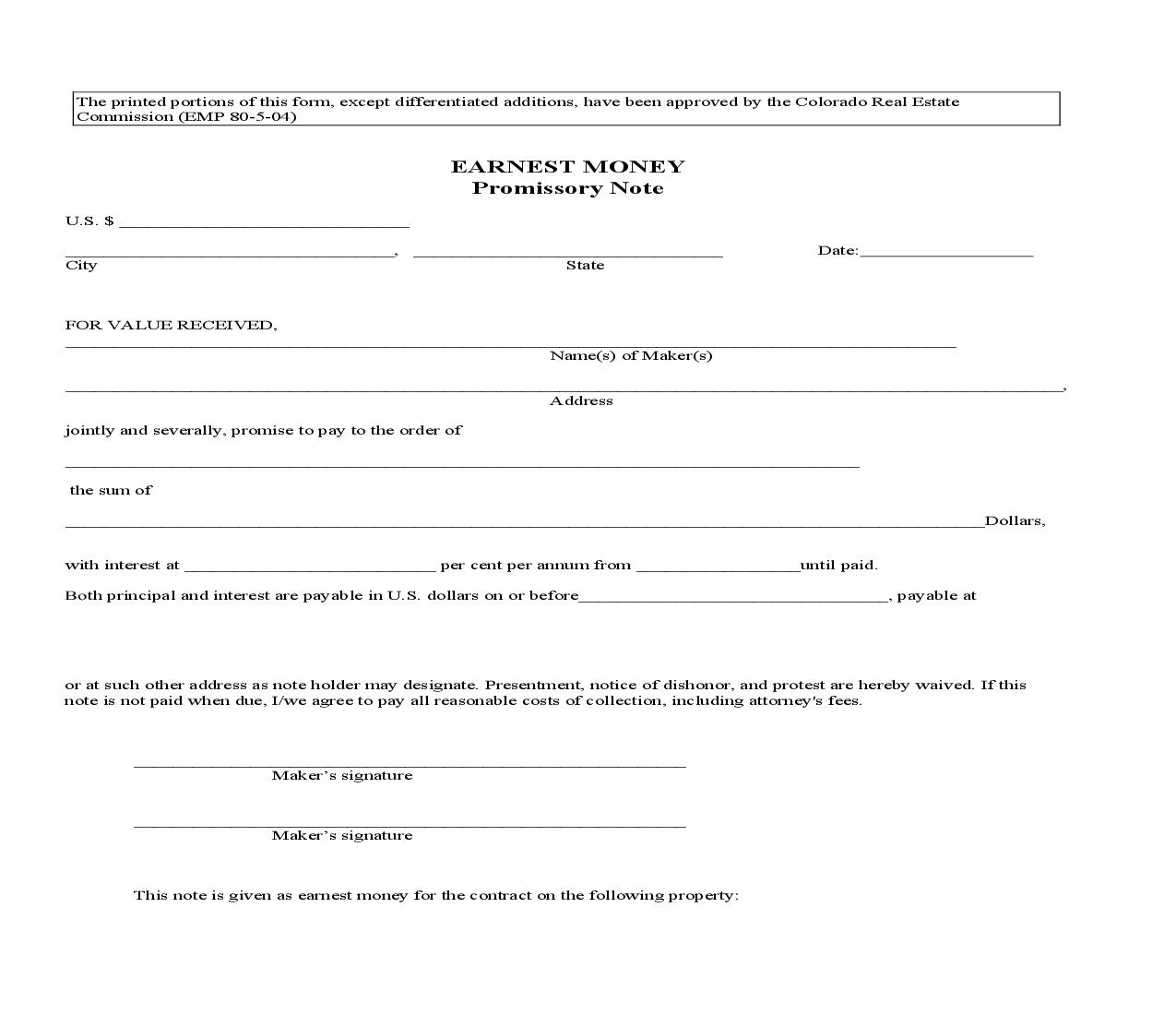 Earnest Money (Promissory Note) {EMP80} | Pdf Fpdf Doc Docx | Colorado
