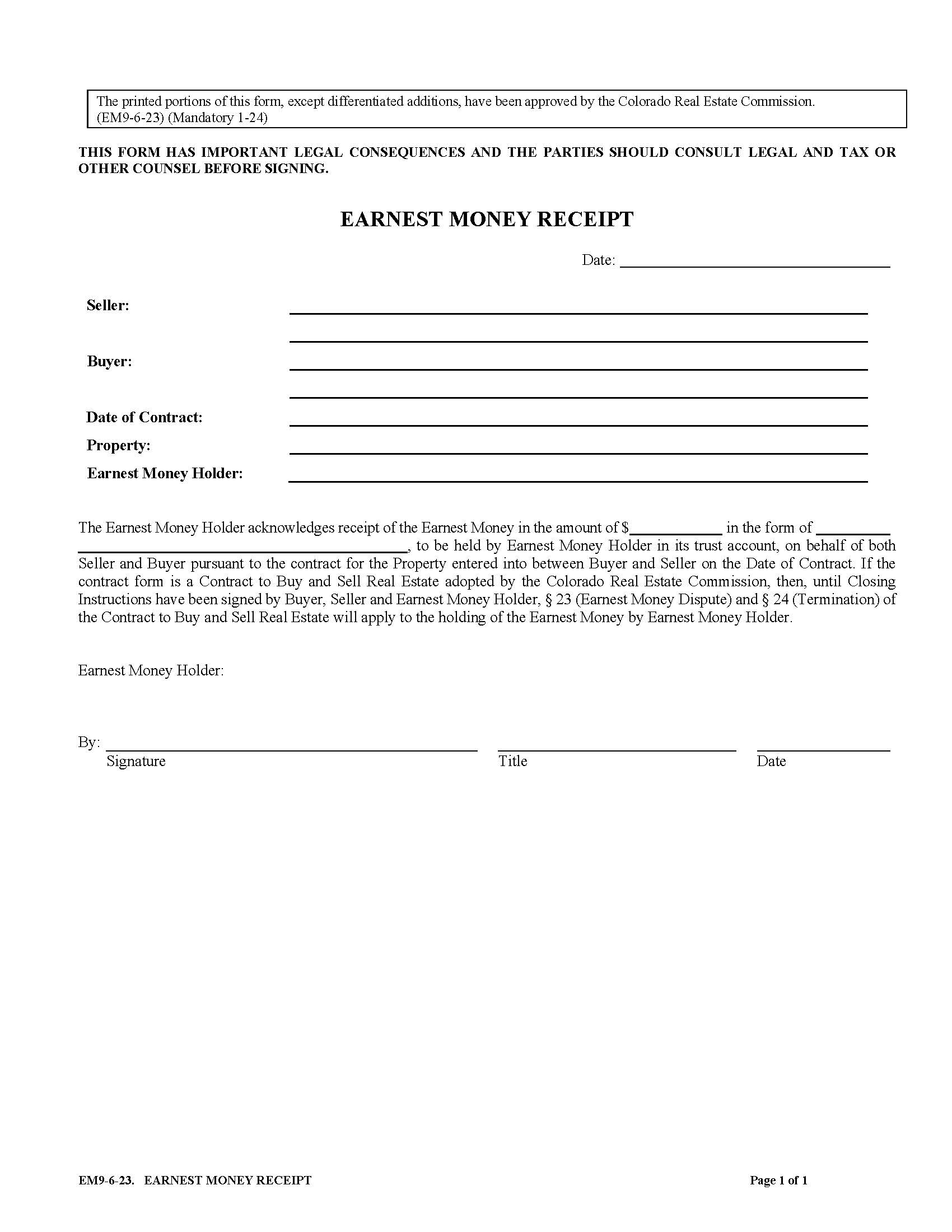 Earnest Money Receipt {EM9} | Pdf Fpdf Doc Docx | Colorado