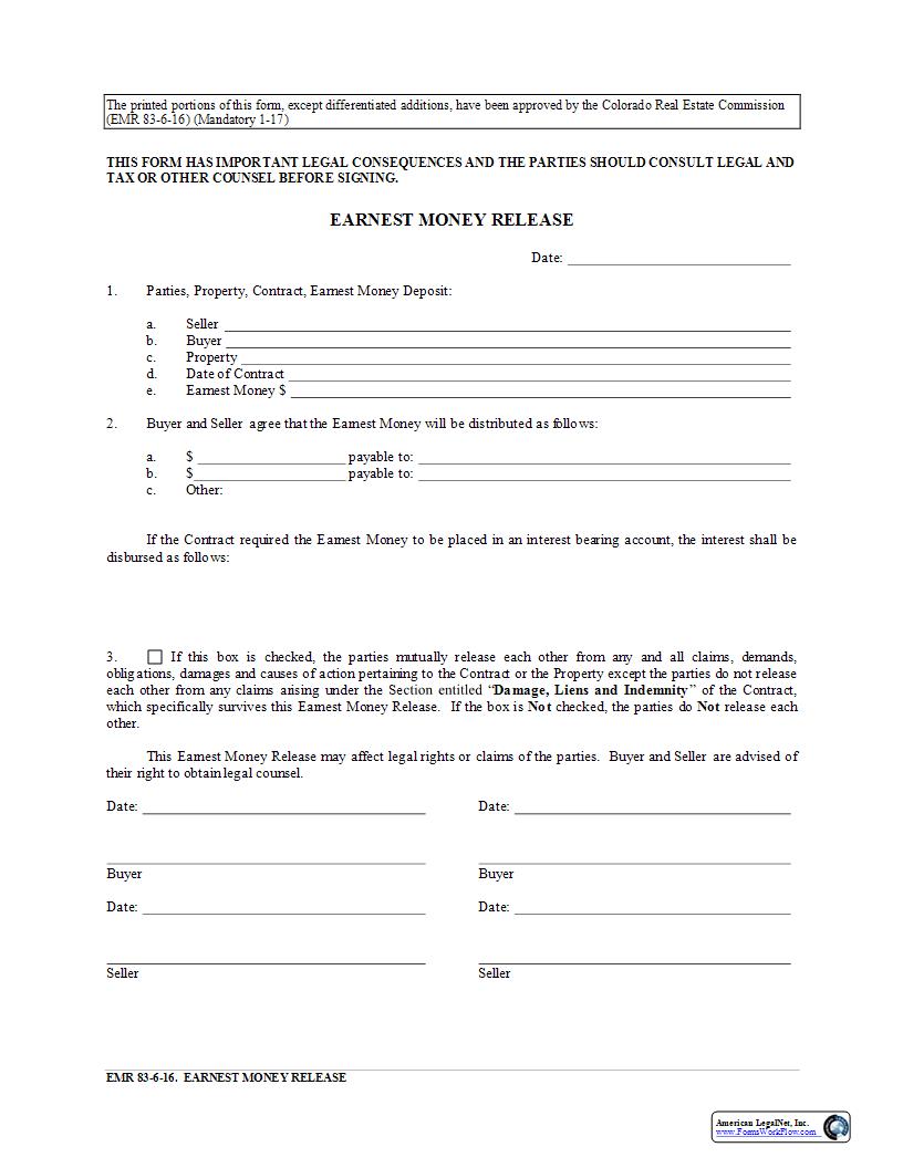 Earnest Money Release {EMR83} | Pdf Fpdf Docx | Colorado