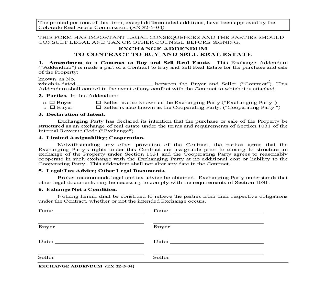 Exchange Addendum To Contract To Buy And Sell Real Estate {EX32} | Pdf Fpdf Doc Docx | Colorado