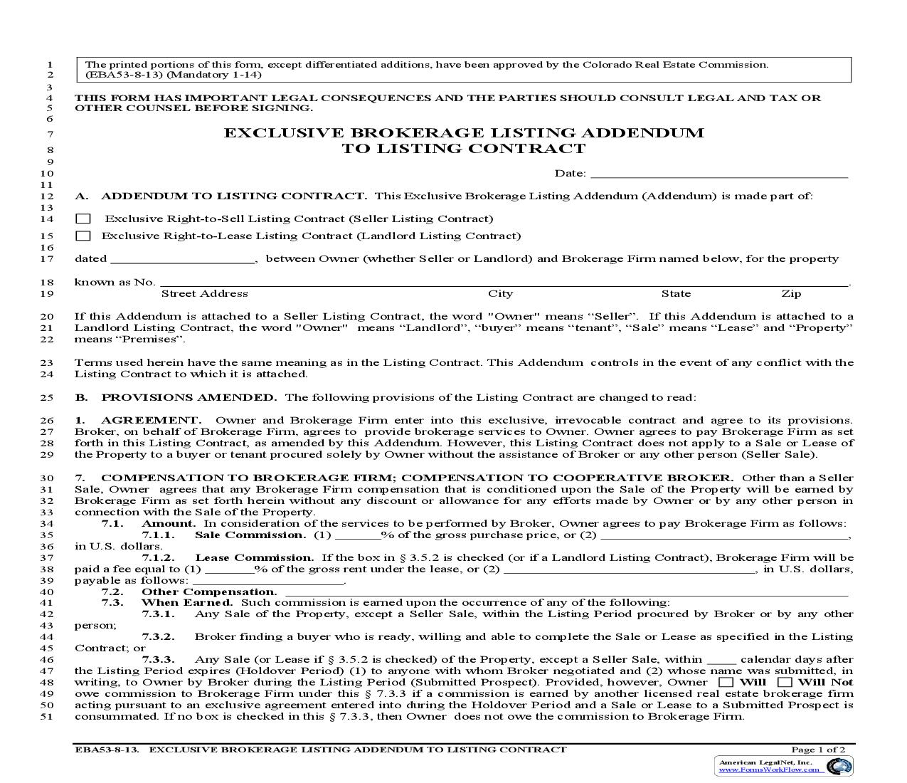 Exclusive Brokerage Listing Addendum To Exclusive Right-To-Sell Listing Contract {EBA53} | Pdf Fpdf Doc Docx | Colorado