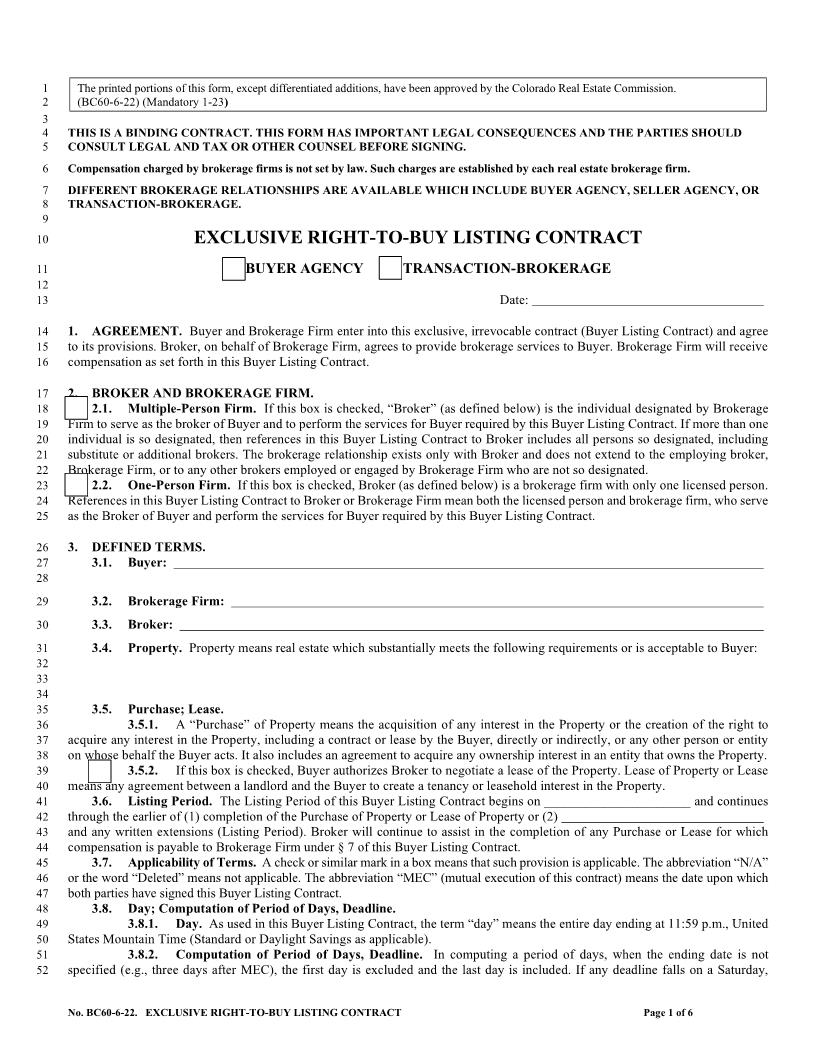 Exclusive Right-To-Buy Contract {BC60} | Pdf Fpdf Doc Docx | Colorado