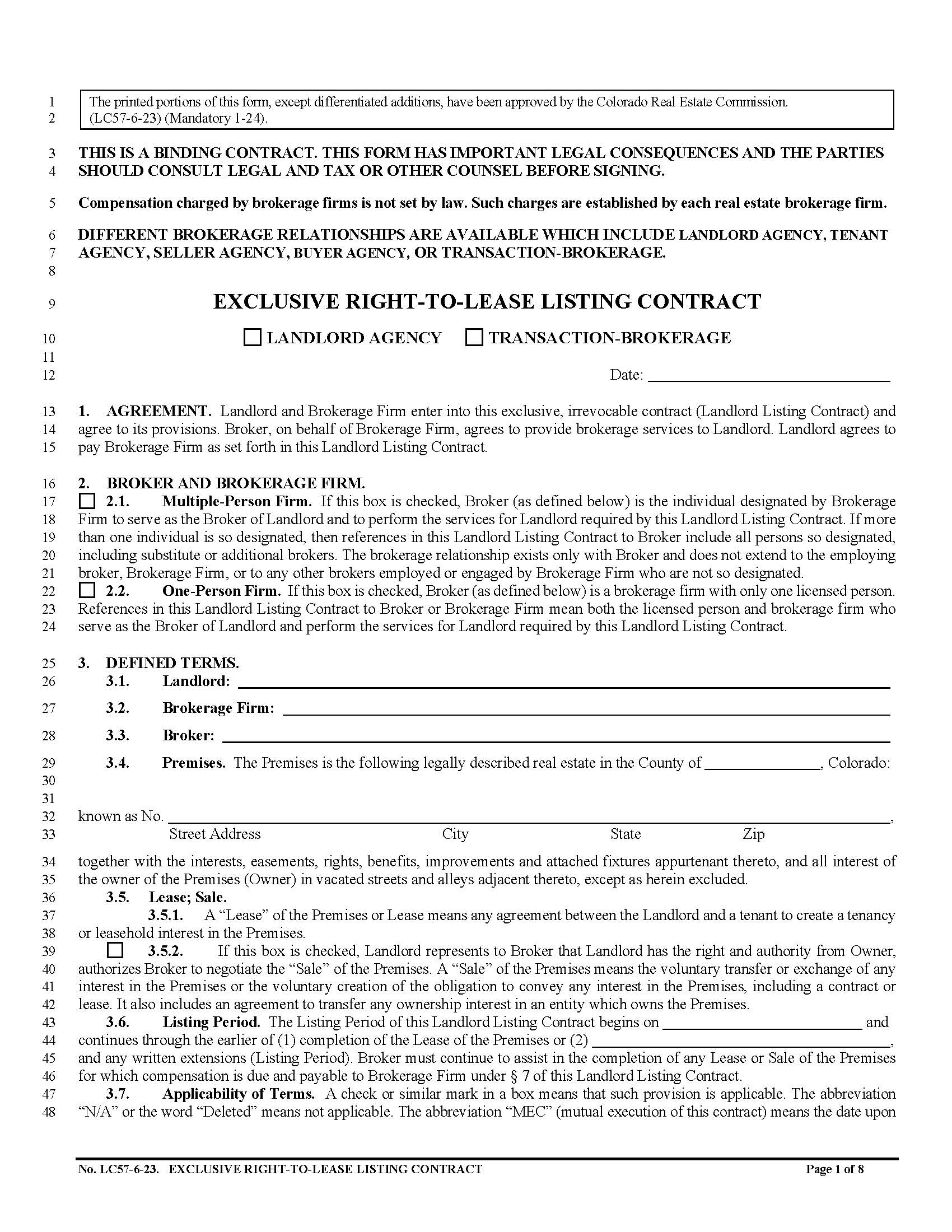 Exclusive Right-To-Lease Listing Contract {LC57} | Pdf Fpdf Doc Docx | Colorado