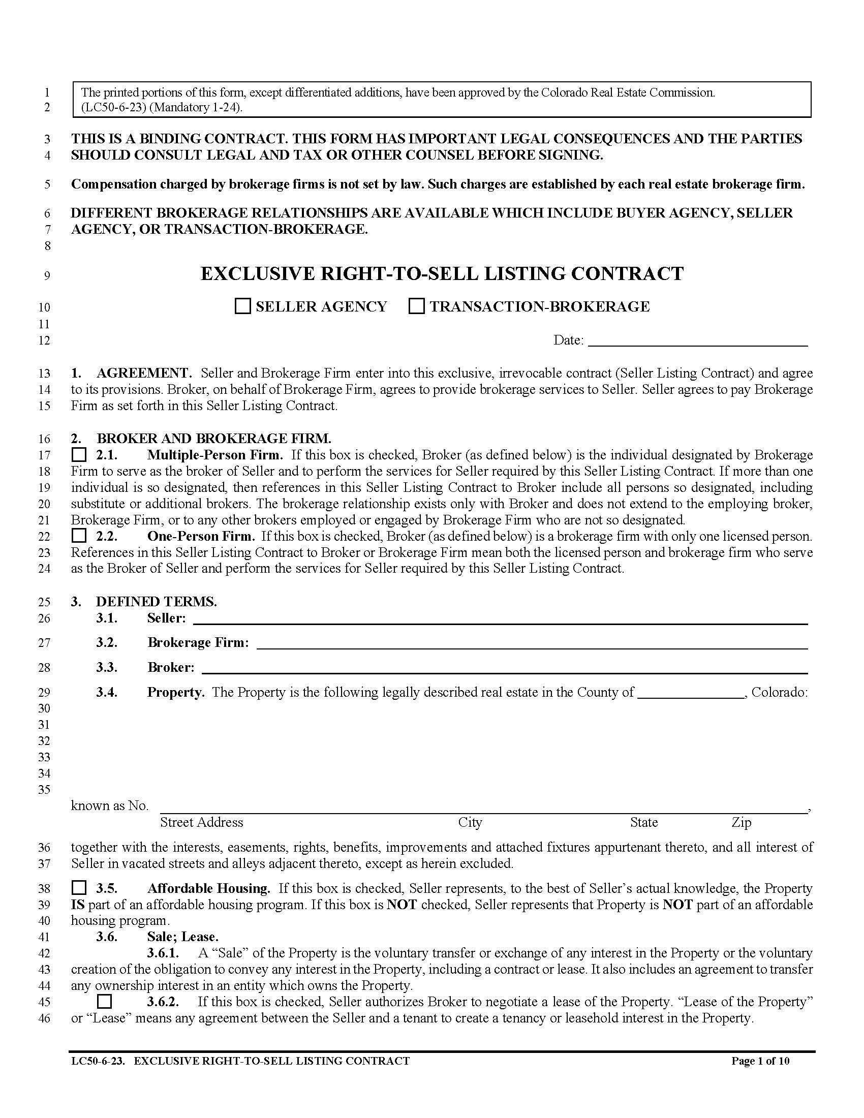 Exclusive Right-To-Sell Listing Contract {LC50} | Pdf Fpdf Doc Docx | Colorado