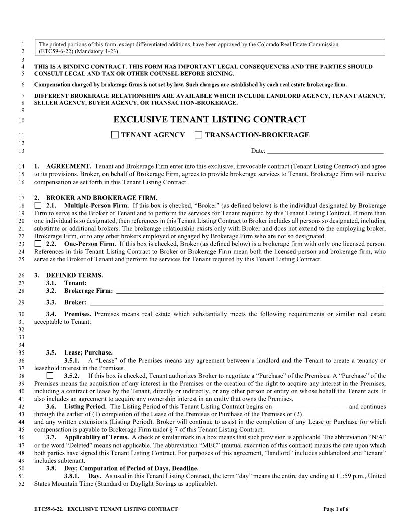 Exclusive Tenant Listing Contract {ETC59} | Pdf Fpdf Doc Docx | Colorado