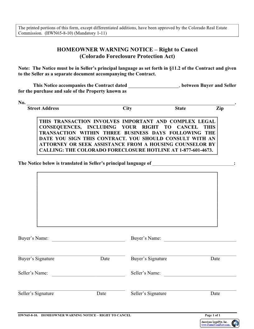 Homeowner Warning Notice {HWN65} | Pdf Fpdf Docx | Colorado