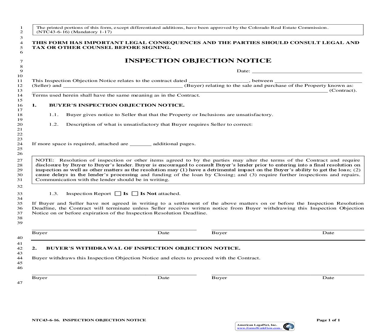 Inspection Objection Notice {NTC43} | Pdf Fpdf Doc Docx | Colorado