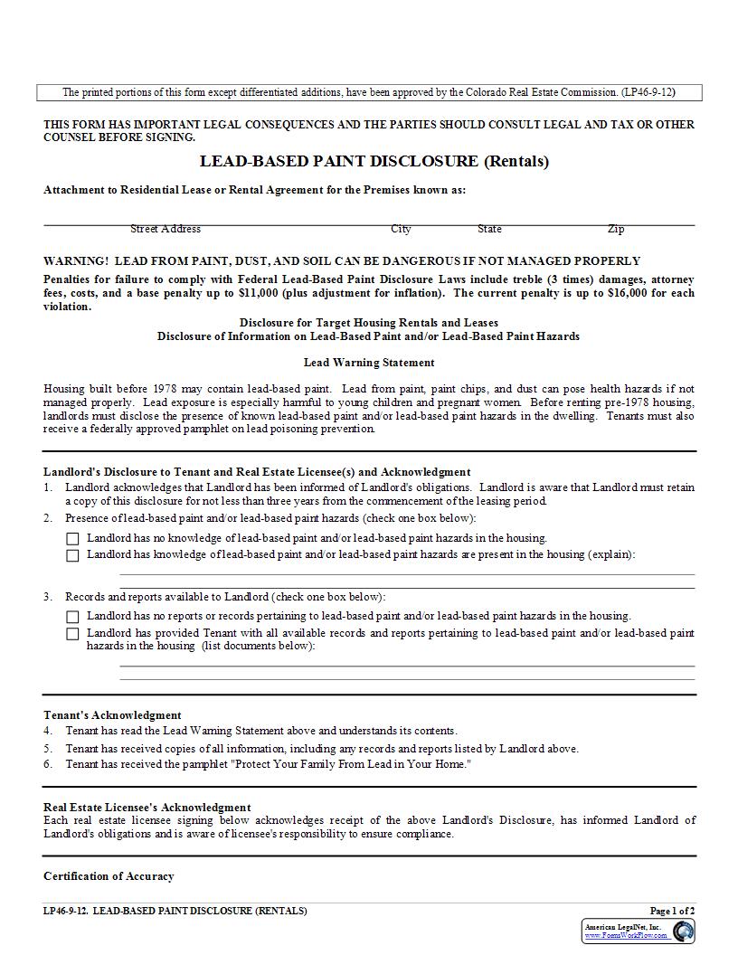 Lead Based Paint Disclosure Rentals {LP46} | Pdf Fpdf Docx | Colorado
