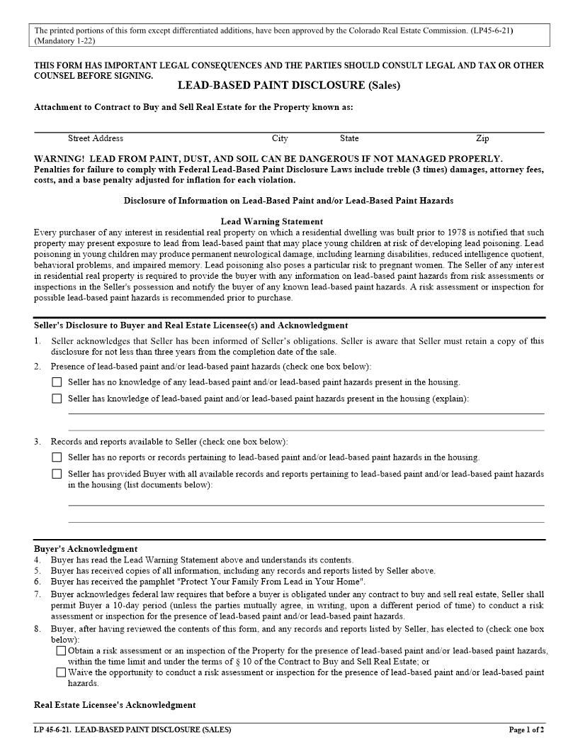 Lead Based Paint Disclosure Sales {LP45} | Pdf Fpdf Docx | Colorado