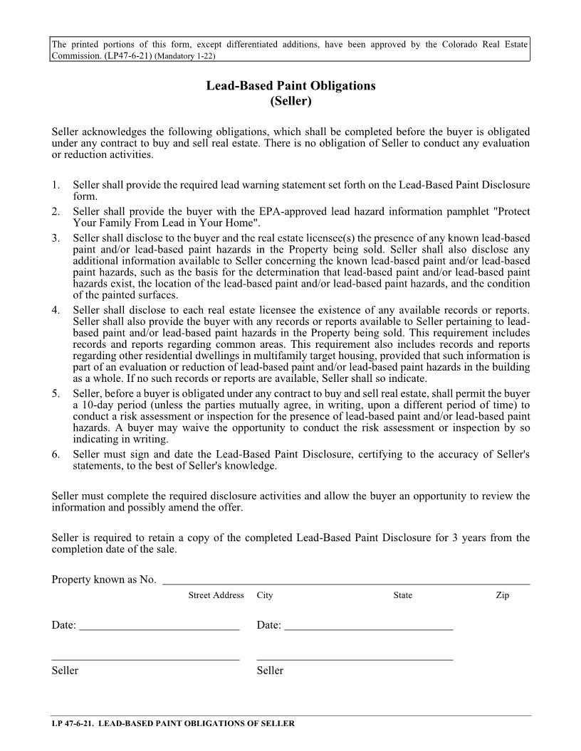 Lead Based Paint Obligations Of Seller {LP47} | Pdf Fpdf Doc Docx | Colorado