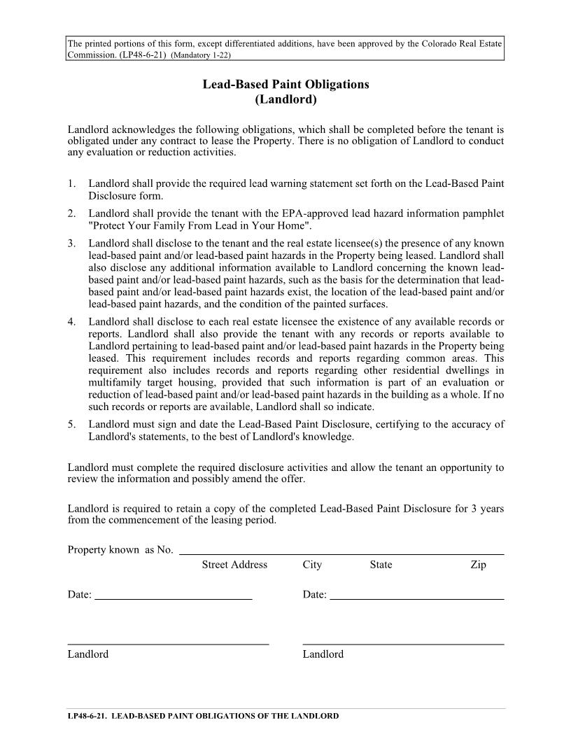 Lead Based Paint Obligations Of The Landlord {LP48} | Pdf Fpdf Doc Docx | Colorado