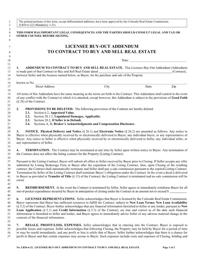 Licensee Buy-Out Addendum To Contract To Buy And Sell Real Estate {LB36} | Pdf Fpdf Docx | Colorado