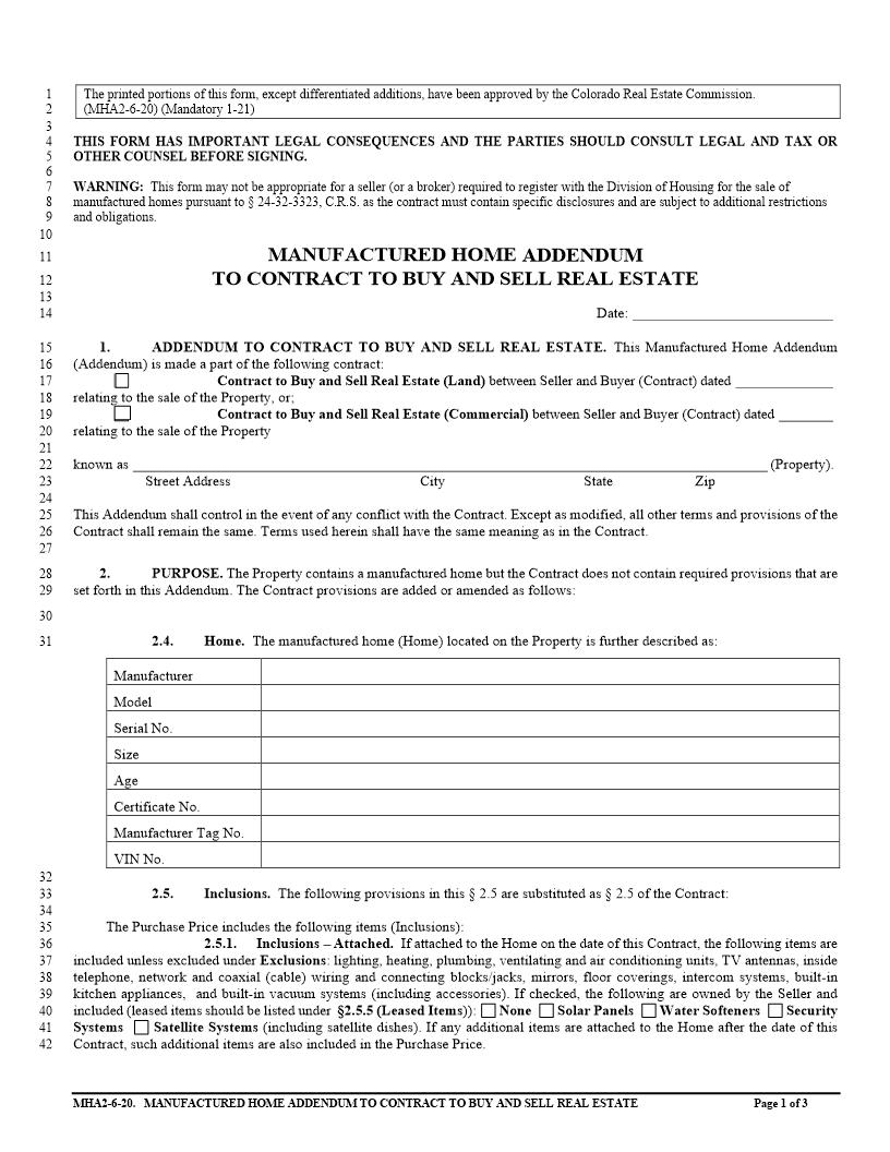 Manufactured Home Addendum | Pdf Fpdf Docx | Colorado