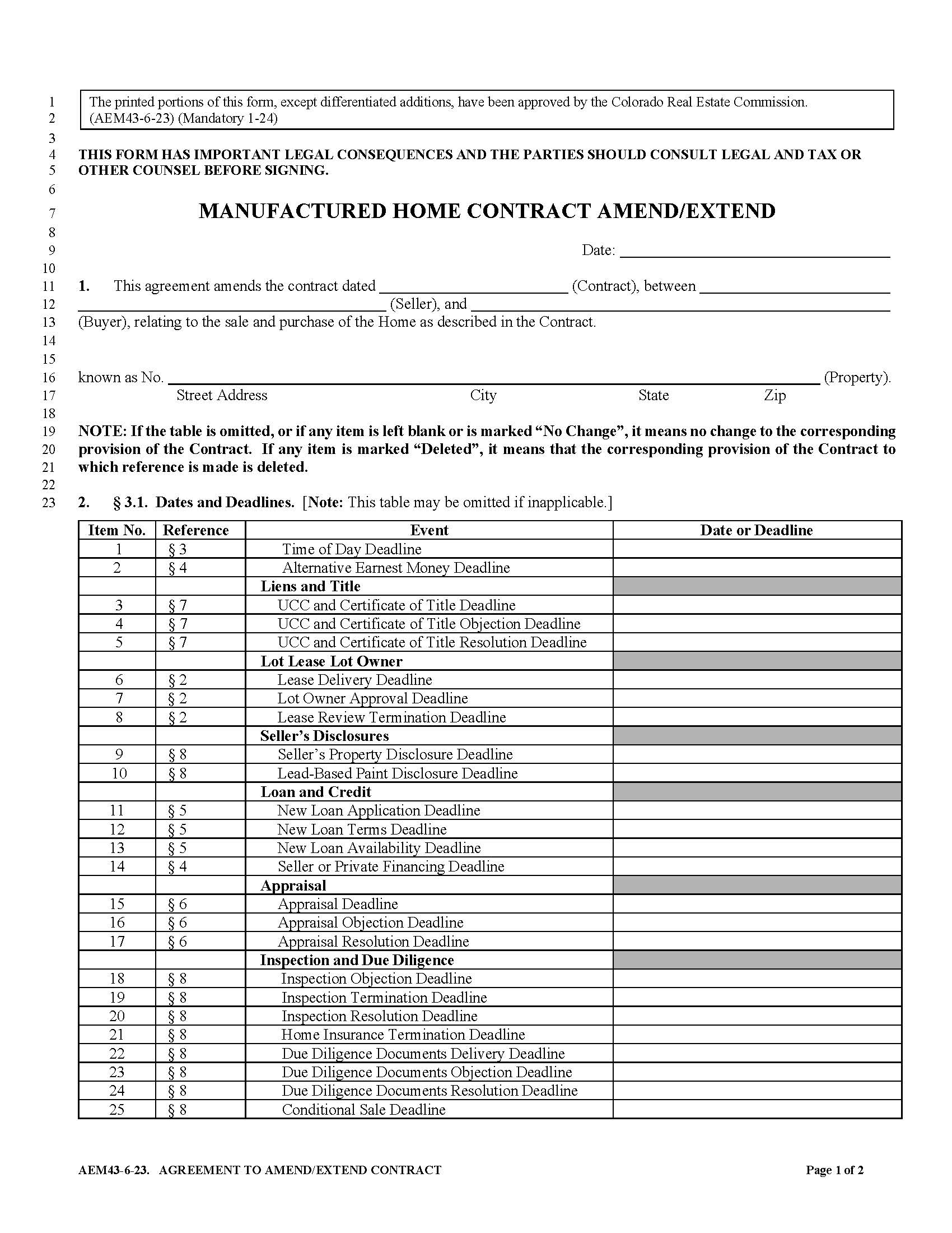Manufactured Home Amend-Extend {AEM43} | Pdf Fpdf Docx | Colorado