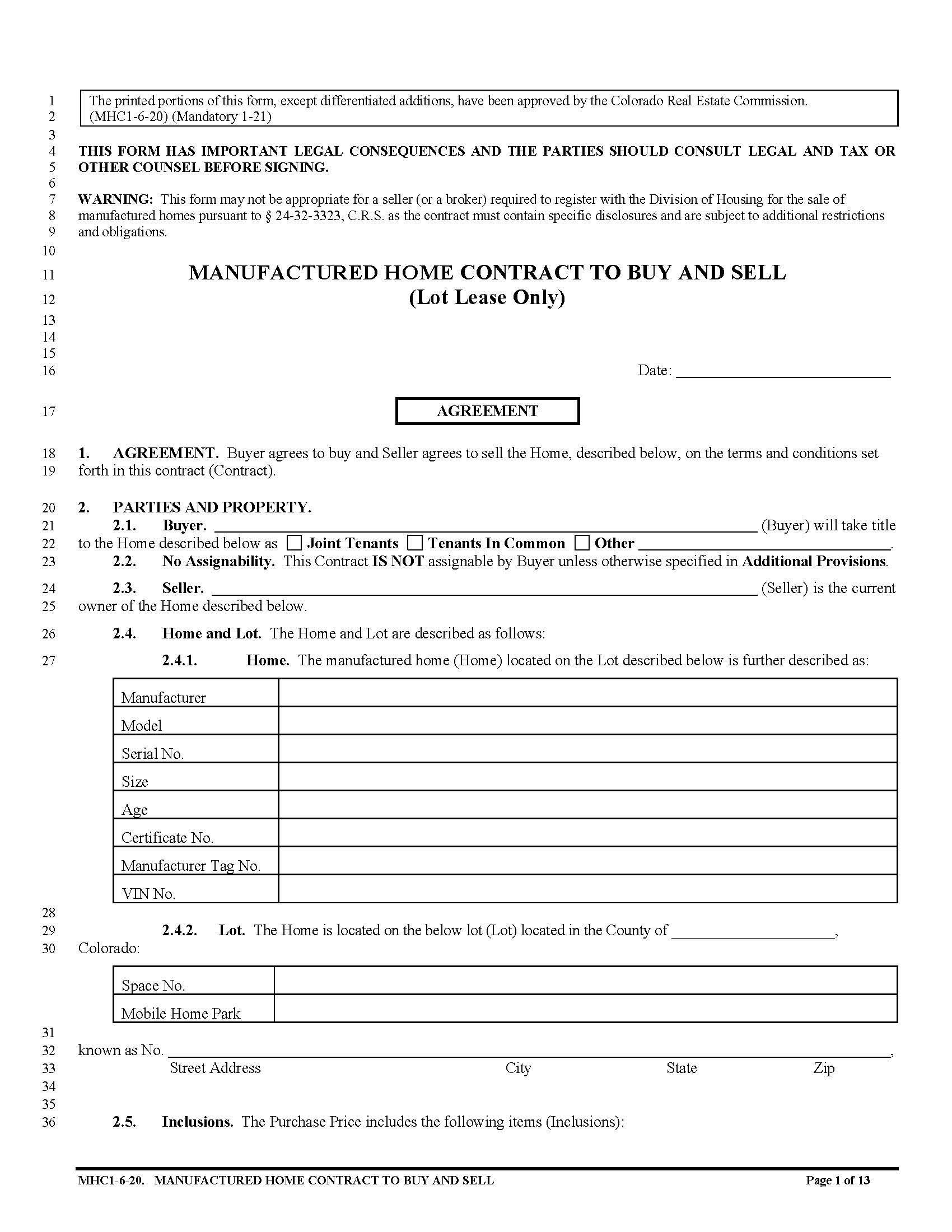 Manufactured Home Contract Lot Lease Only | Pdf Fpdf Docx | Colorado