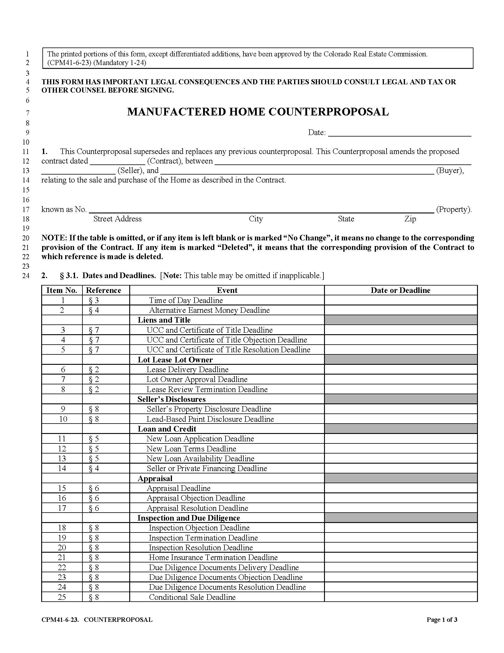 Manufactured Home Counterproposal | Pdf Fpdf Docx | Colorado