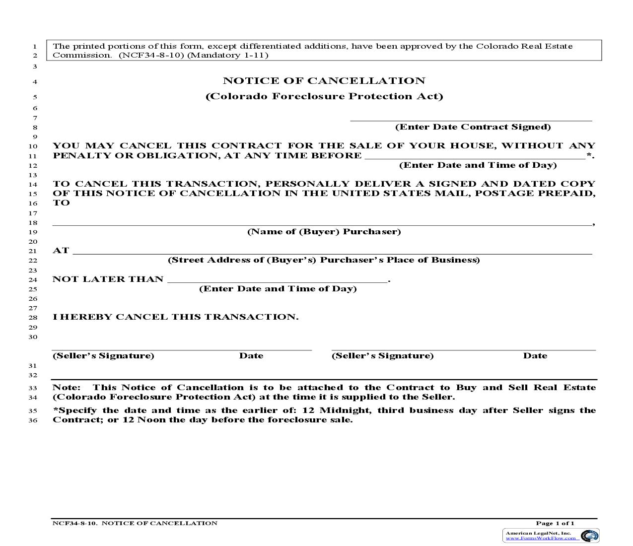 Notice Of Cancellation {NC34} | Pdf Fpdf Doc Docx | Colorado