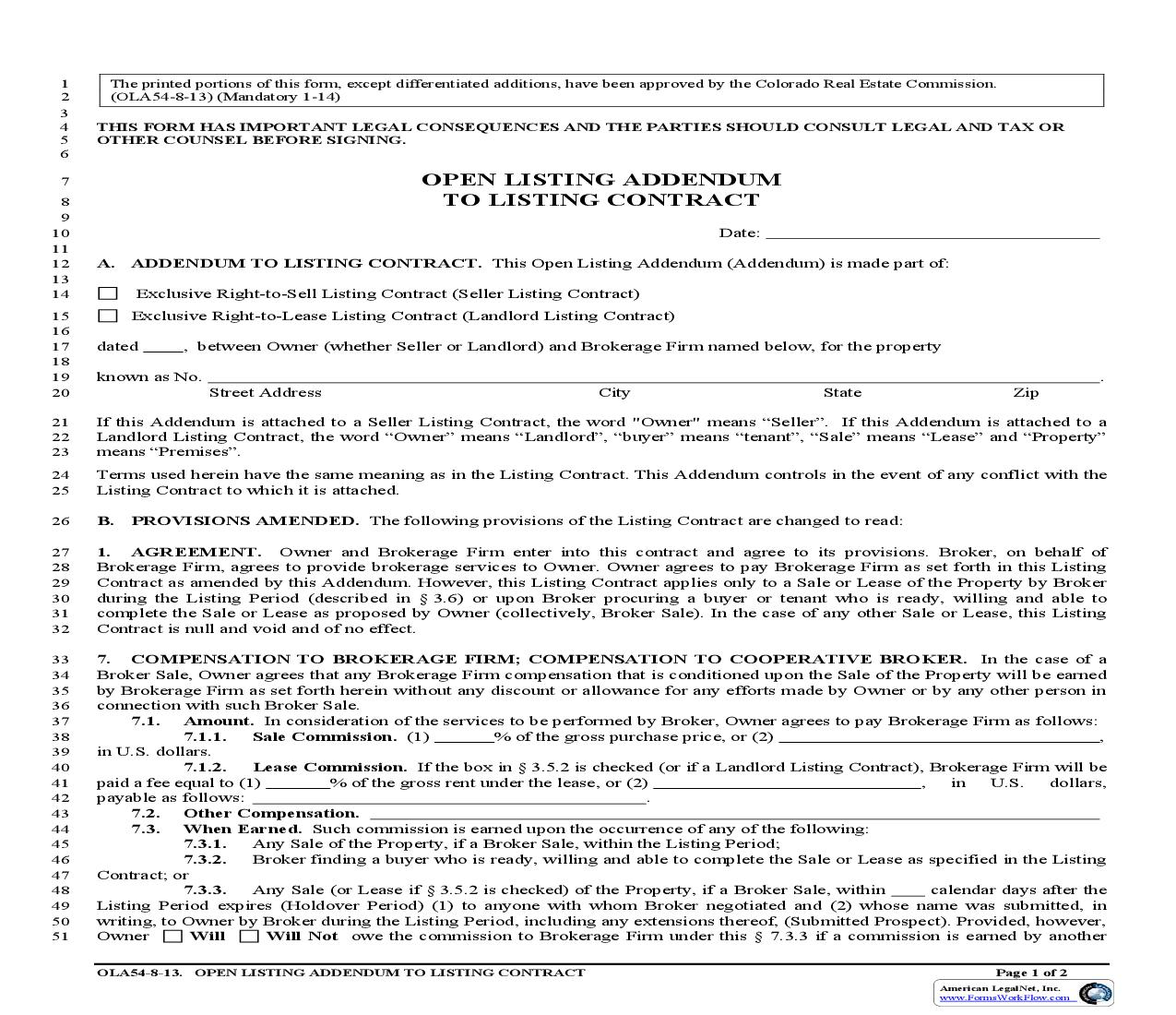 Open Listing Addendum To Listing Contract {OLA54} | Pdf Fpdf Doc Docx | Colorado